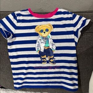 Ralph Lauren Navy & White Striped Polo Bear Tee with Pink Neckline
